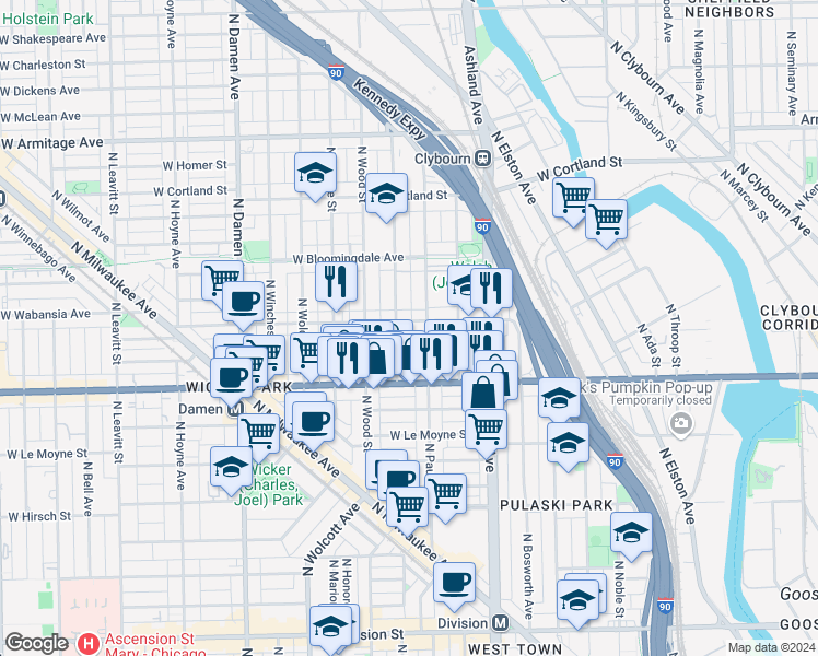 map of restaurants, bars, coffee shops, grocery stores, and more near 1715 West Wabansia Avenue in Chicago