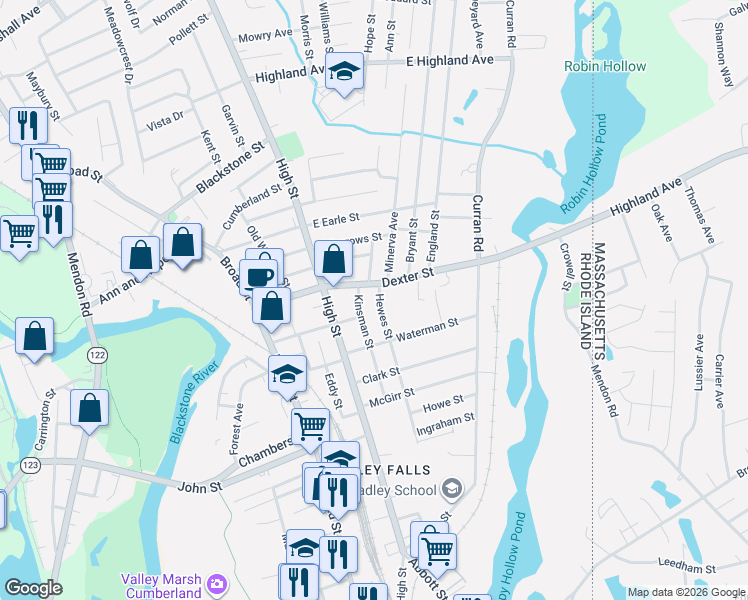 map of restaurants, bars, coffee shops, grocery stores, and more near 24 Kinsman Street in Cumberland