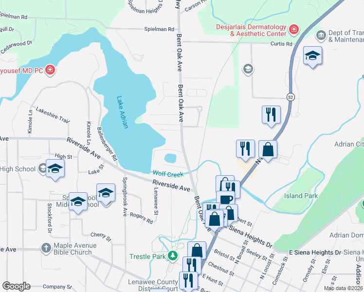 map of restaurants, bars, coffee shops, grocery stores, and more near 1010 Bent Oak Avenue in Adrian