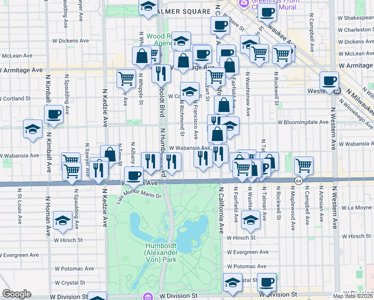 map of restaurants, bars, coffee shops, grocery stores, and more near 1642 North Richmond Street in Chicago