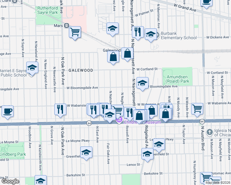 map of restaurants, bars, coffee shops, grocery stores, and more near 1720 North Nagle Avenue in Chicago