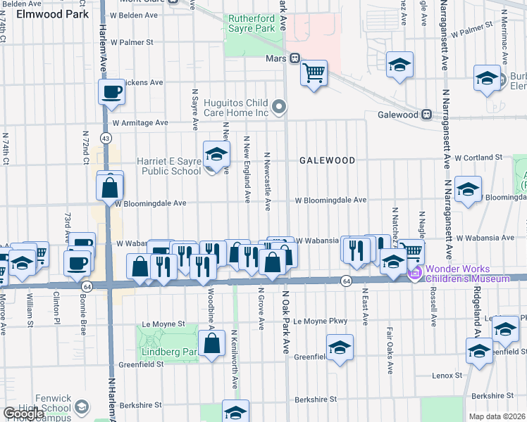 map of restaurants, bars, coffee shops, grocery stores, and more near 1718 North Newcastle Avenue in Chicago