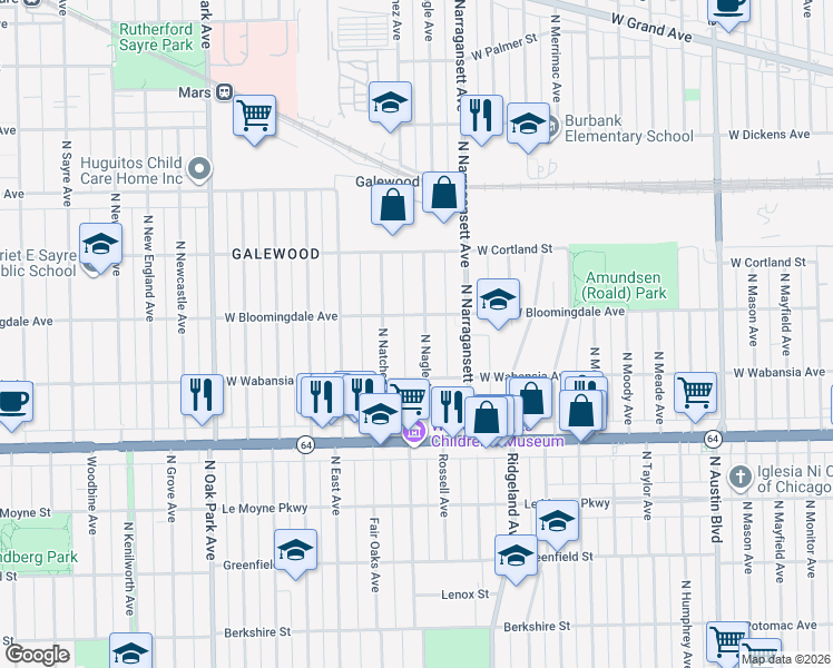 map of restaurants, bars, coffee shops, grocery stores, and more near 1720 North Nagle Avenue in Chicago