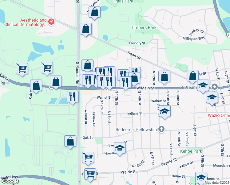 map of restaurants, bars, coffee shops, grocery stores, and more near 101 South 17th Street in St. Charles
