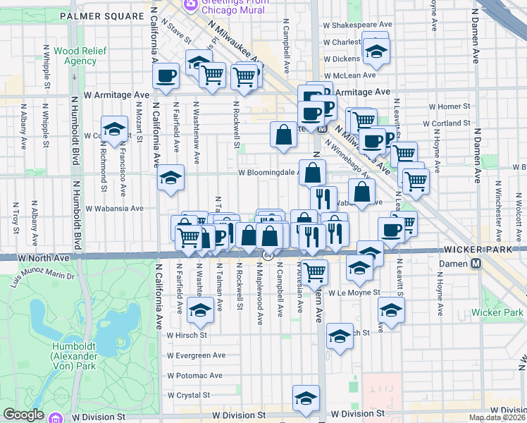 map of restaurants, bars, coffee shops, grocery stores, and more near 1638 North Campbell Avenue in Chicago
