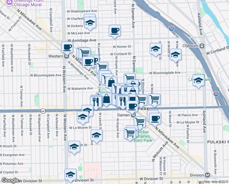 map of restaurants, bars, coffee shops, grocery stores, and more near N Milwaukee Ave & W Wabansia Ave in Chicago
