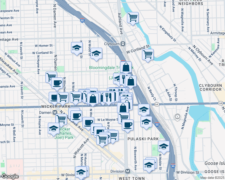 map of restaurants, bars, coffee shops, grocery stores, and more near 1645 West Wabansia Avenue in Chicago