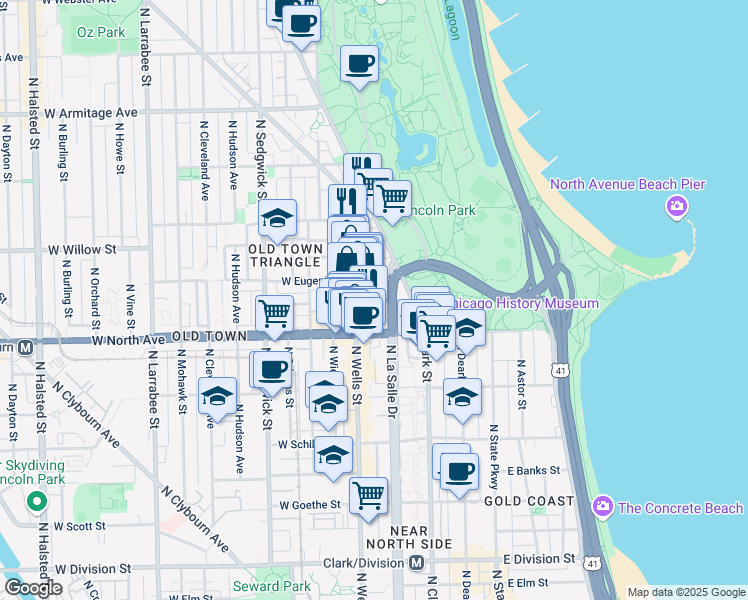 map of restaurants, bars, coffee shops, grocery stores, and more near 1660 North LaSalle Drive in Chicago