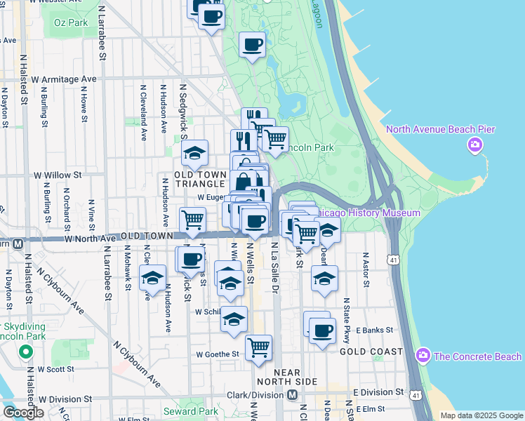 map of restaurants, bars, coffee shops, grocery stores, and more near 1660 North La Salle Drive in Chicago