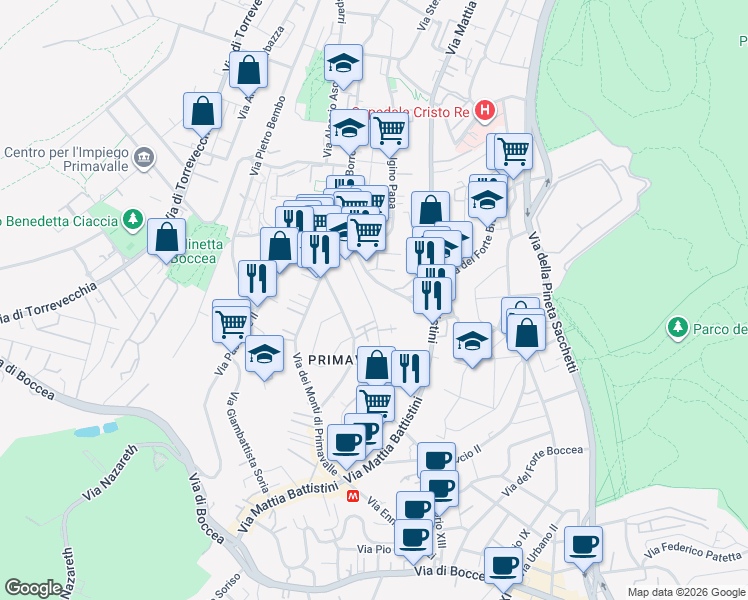 map of restaurants, bars, coffee shops, grocery stores, and more near 122 Via del Forte Braschi in Rome