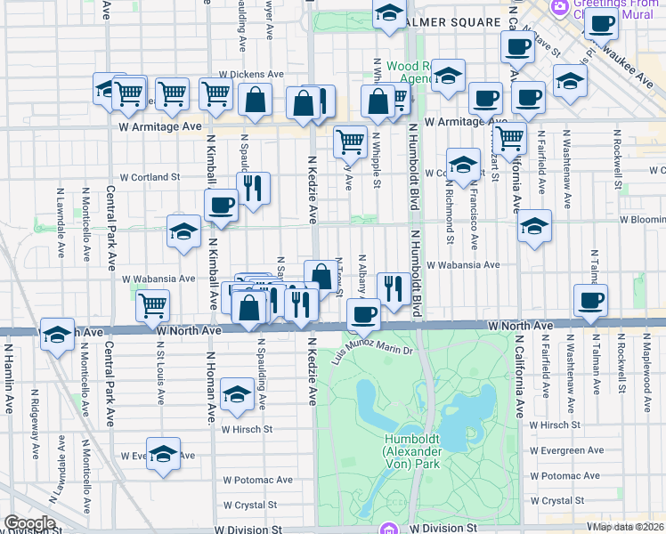 map of restaurants, bars, coffee shops, grocery stores, and more near 1737 North Kedzie Avenue in Chicago