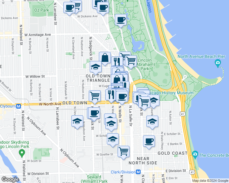 map of restaurants, bars, coffee shops, grocery stores, and more near 1702 North Crilly Court in Chicago