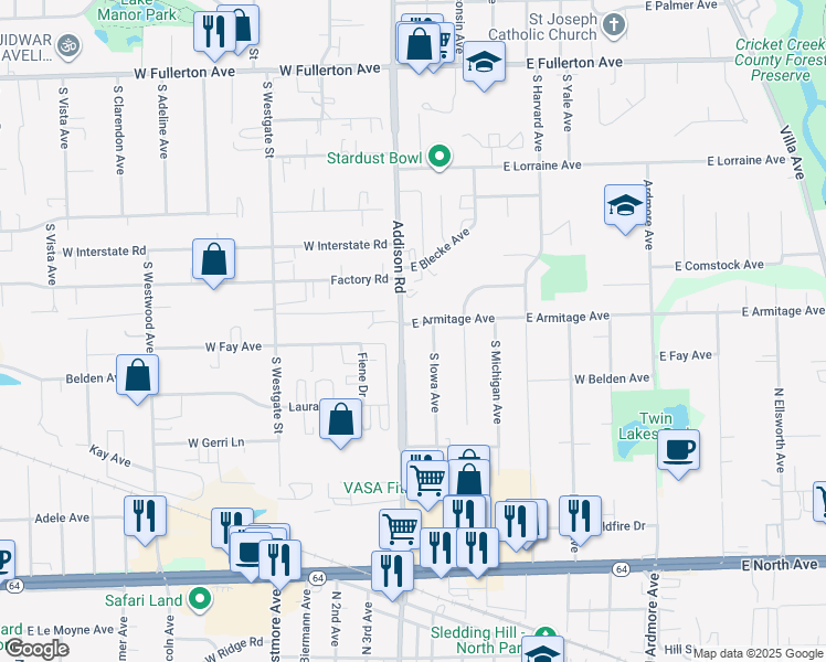 map of restaurants, bars, coffee shops, grocery stores, and more near 21 Factory Road in Addison