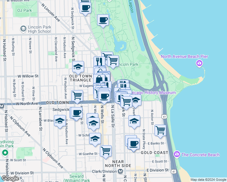 map of restaurants, bars, coffee shops, grocery stores, and more near 1660 North LaSalle Drive in Chicago