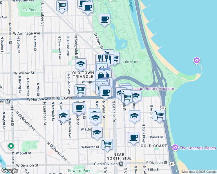 map of restaurants, bars, coffee shops, grocery stores, and more near 170 West Eugenie Street in Chicago