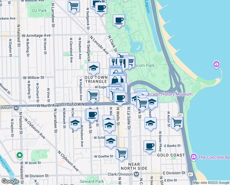 map of restaurants, bars, coffee shops, grocery stores, and more near 170 West Eugenie Street in Chicago