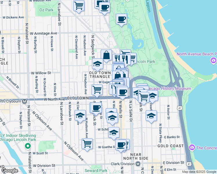 map of restaurants, bars, coffee shops, grocery stores, and more near 1702 North Crilly Court in Chicago