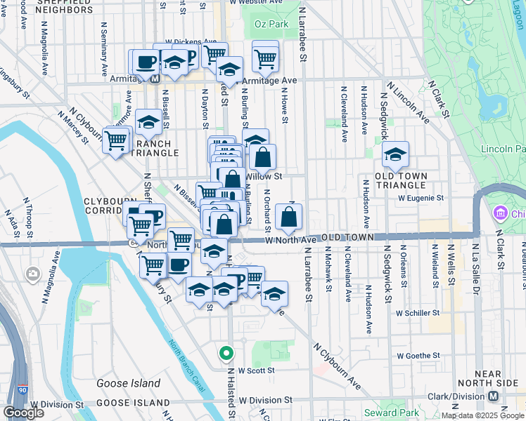 map of restaurants, bars, coffee shops, grocery stores, and more near 1704 North Orchard Street in Chicago