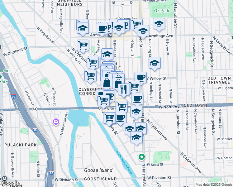 map of restaurants, bars, coffee shops, grocery stores, and more near in Chicago