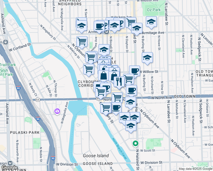 map of restaurants, bars, coffee shops, grocery stores, and more near 1758 North Clybourn Avenue in Chicago