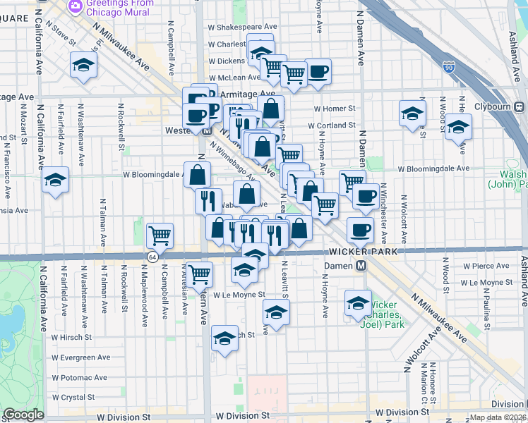 map of restaurants, bars, coffee shops, grocery stores, and more near 1736 North Winnebago Avenue in Chicago