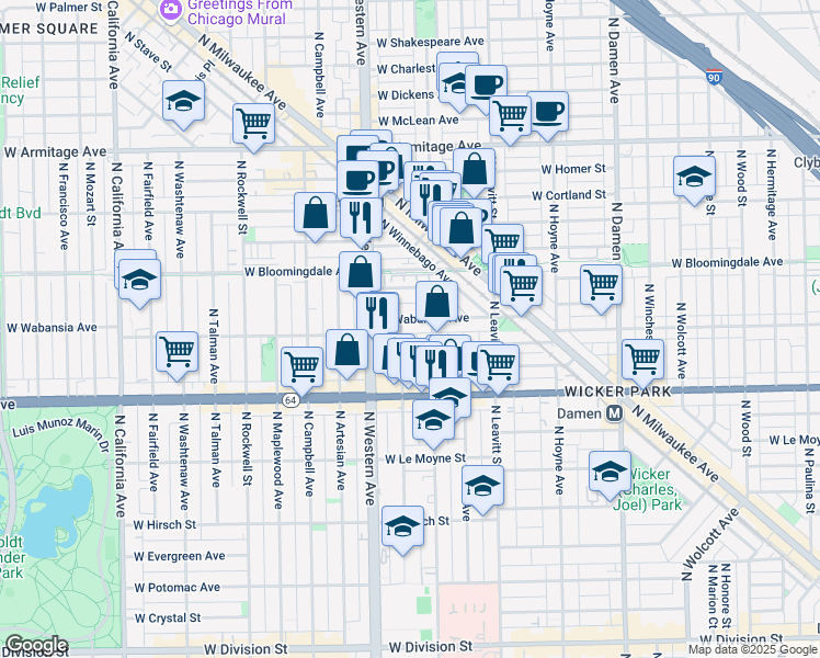 map of restaurants, bars, coffee shops, grocery stores, and more near 2314 West Wabansia Avenue in Chicago