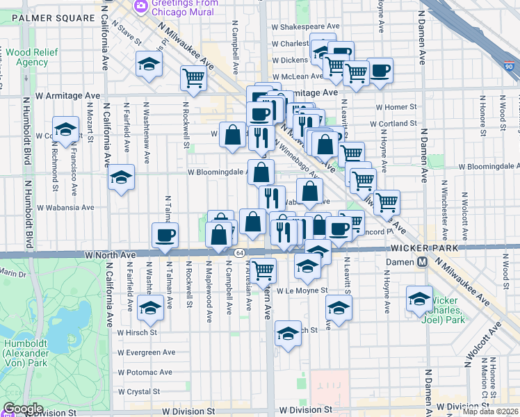 map of restaurants, bars, coffee shops, grocery stores, and more near in Chicago