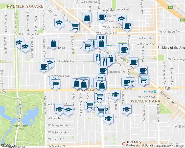 map of restaurants, bars, coffee shops, grocery stores, and more near 1729 North Artesian Avenue in Chicago