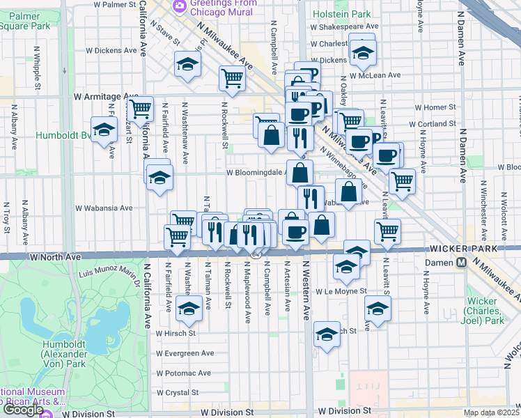 map of restaurants, bars, coffee shops, grocery stores, and more near 1728 North Campbell Avenue in Chicago