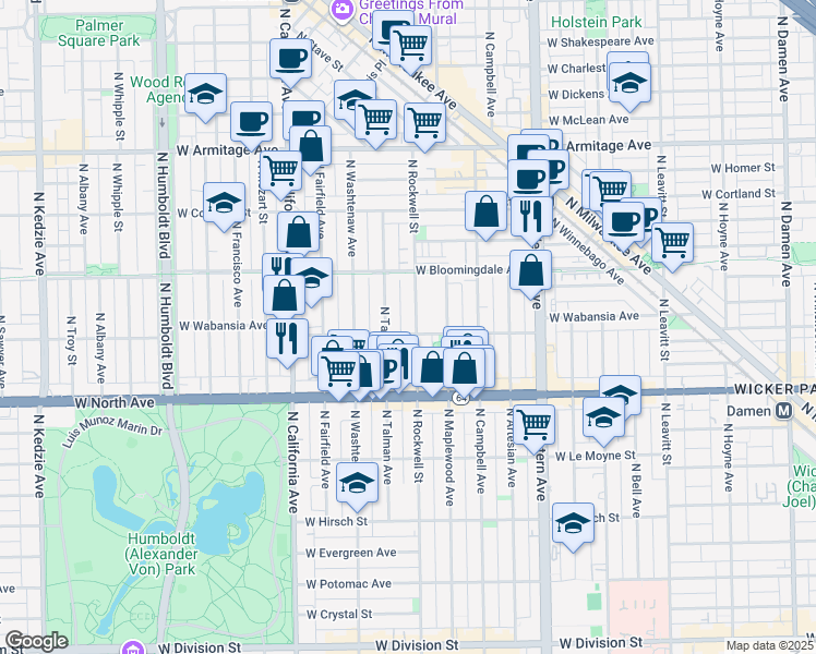 map of restaurants, bars, coffee shops, grocery stores, and more near 1731 North Talman Avenue in Chicago