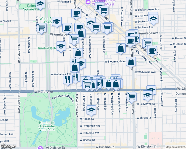 map of restaurants, bars, coffee shops, grocery stores, and more near 1731 North Washtenaw Avenue in Chicago