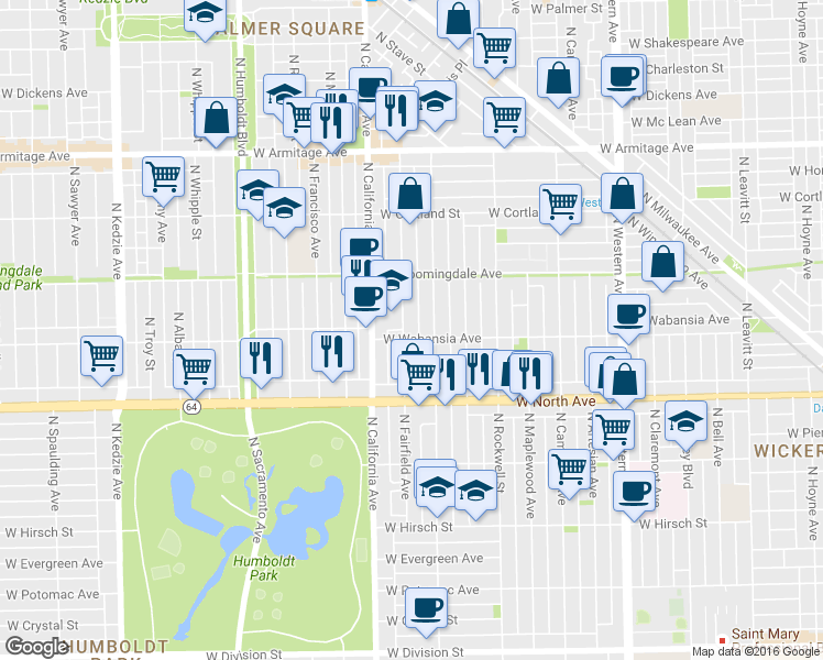 map of restaurants, bars, coffee shops, grocery stores, and more near 10 North Fairfield Avenue in Chicago