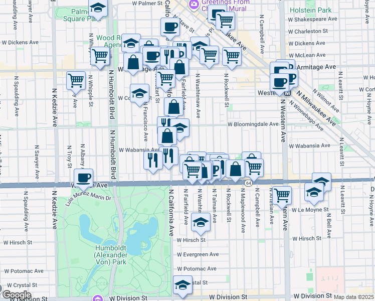 map of restaurants, bars, coffee shops, grocery stores, and more near 10 North Fairfield Avenue in Chicago