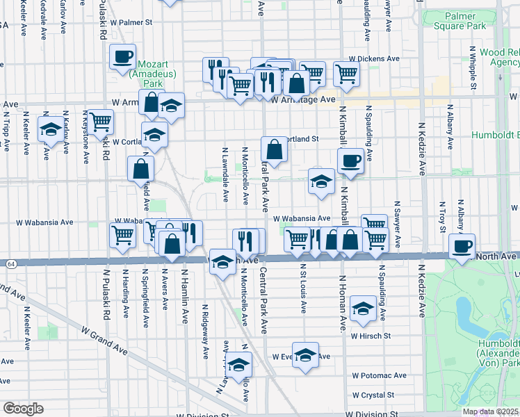 map of restaurants, bars, coffee shops, grocery stores, and more near 1738 North Central Park Avenue in Chicago