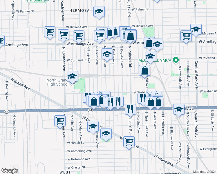 map of restaurants, bars, coffee shops, grocery stores, and more near 1740 North Karlov Avenue in Chicago