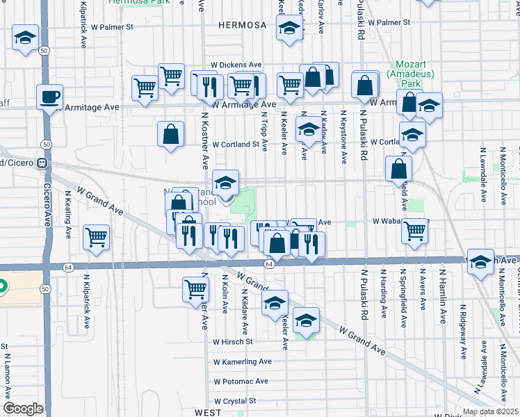 map of restaurants, bars, coffee shops, grocery stores, and more near 1753 North Kildare Avenue in Chicago