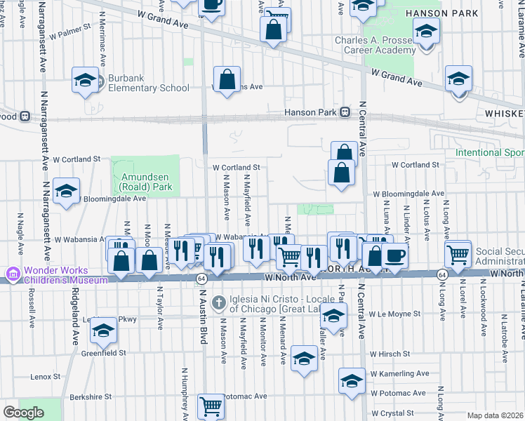 map of restaurants, bars, coffee shops, grocery stores, and more near 1801 North Mayfield Avenue in Chicago