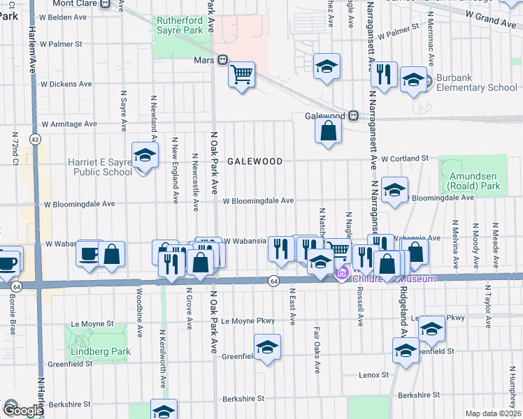 map of restaurants, bars, coffee shops, grocery stores, and more near 1807 North Normandy Avenue in Chicago