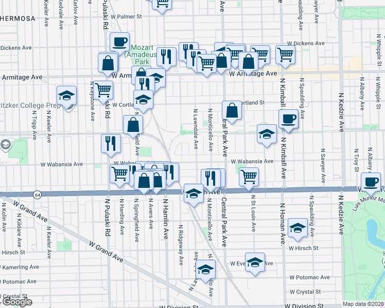 map of restaurants, bars, coffee shops, grocery stores, and more near 1739 North Ridgeway Avenue in Chicago