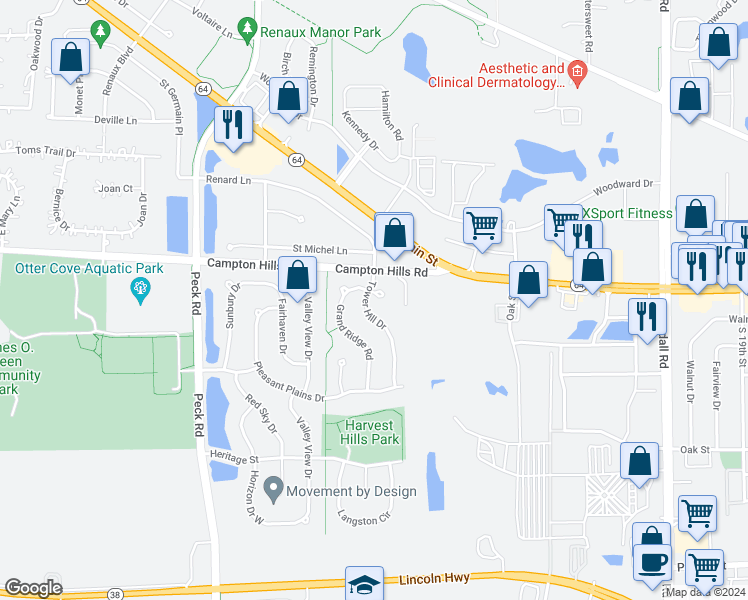 map of restaurants, bars, coffee shops, grocery stores, and more near 2963 Hillsboro Court in St. Charles