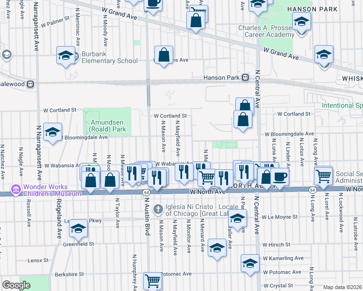 map of restaurants, bars, coffee shops, grocery stores, and more near 1801 North Mayfield Avenue in Chicago
