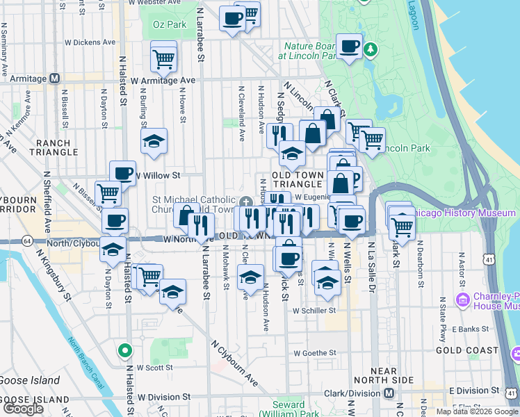 map of restaurants, bars, coffee shops, grocery stores, and more near 1700 North Saint Michaels Court in Chicago