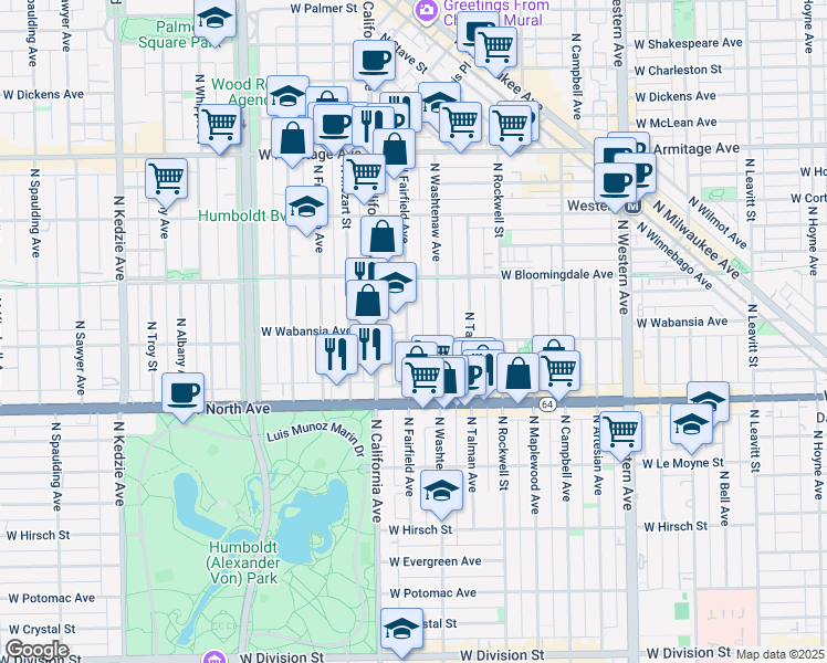 map of restaurants, bars, coffee shops, grocery stores, and more near 10 North Fairfield Avenue in Chicago