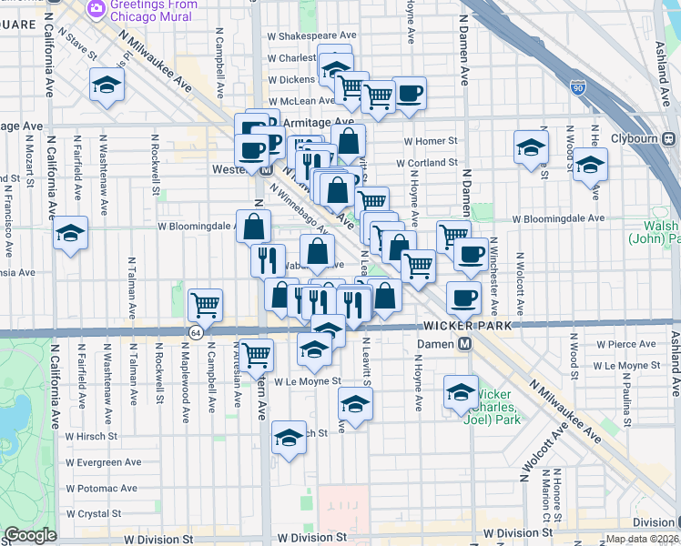 map of restaurants, bars, coffee shops, grocery stores, and more near 1736 North Winnebago Avenue in Chicago