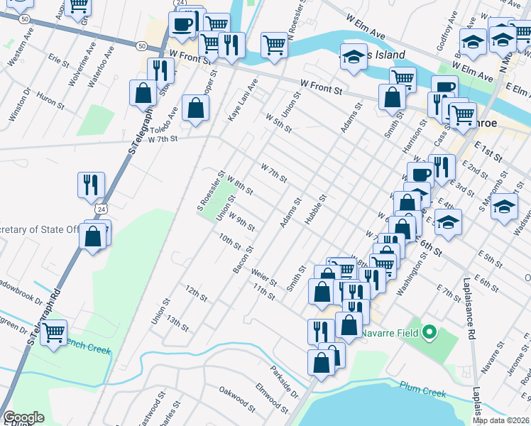 map of restaurants, bars, coffee shops, grocery stores, and more near 618 West 8th Street in Monroe