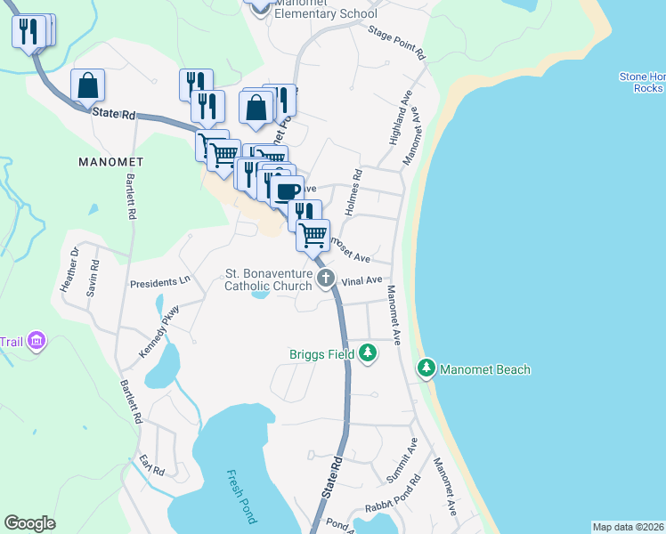 map of restaurants, bars, coffee shops, grocery stores, and more near 21 Samoset Avenue in Plymouth