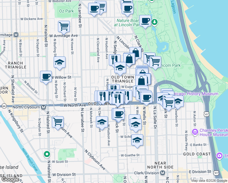 map of restaurants, bars, coffee shops, grocery stores, and more near 1700 North Sedgwick Street in Chicago