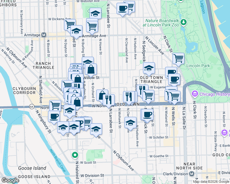 map of restaurants, bars, coffee shops, grocery stores, and more near 554 West Eugenie Street in Chicago