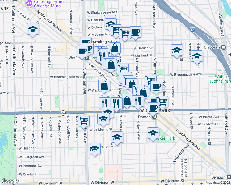 map of restaurants, bars, coffee shops, grocery stores, and more near 1720 North Leavitt Street in Chicago