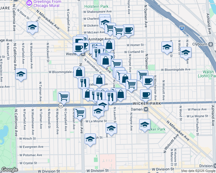 map of restaurants, bars, coffee shops, grocery stores, and more near 2219 West Wabansia Avenue in Chicago